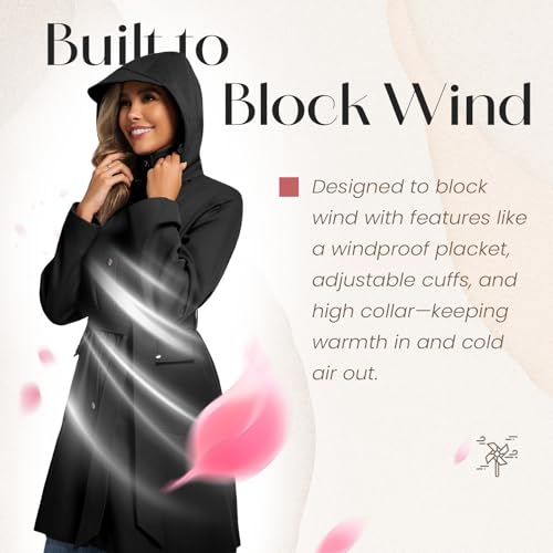 PUREPEAR Small Black Waterproof Trench Coat with Detachable Hood and Belt for Women - Image 5