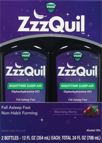 Image of ZzzQuil, Sleep Aid, Nighttime Sleep Aid Liquid, 50 mg Diphenhydramine HCl, Fall Asleep Fast, Non-Habit Forming, Warming Berry Flavor, 12 FL OZ (Pack of 4)