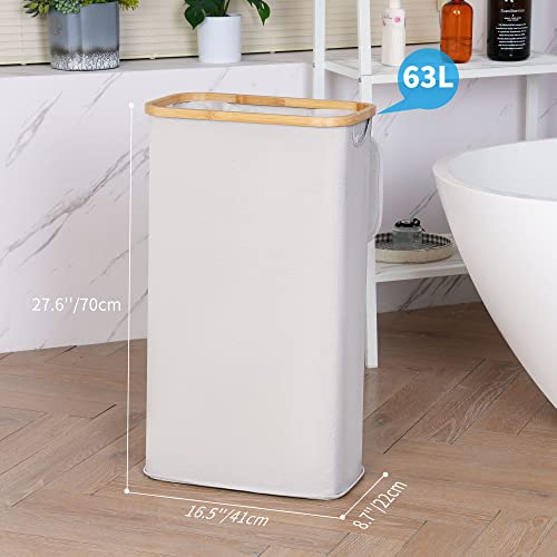 Efluky Slim Laundry Hamper With Lid, Narrow Laundry Hamper With Removable Bags, Collapsible Dirty Clothes Basket With Handles For Bathroom, Bedroom & Laundry Room, 63L Beige #TOP3