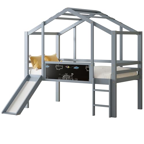 Merax Kinderbett 90×200 cm, Hochbett aus Massivholz, im Haus-Design mit Rutsche, Graffiti-Tafel, Multifunktionsbett, Einzelbett, platzsparendes Spielbett für Kinderzimmer, Grau (ohne Matratze)