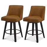 Erdoru Counter Height Bar Stools, 26 Inch Seat Height Upholstered Swivel Bar Stools with Back Set of 2, Solid Wood Legs, Faux Leather in Whisky Brown