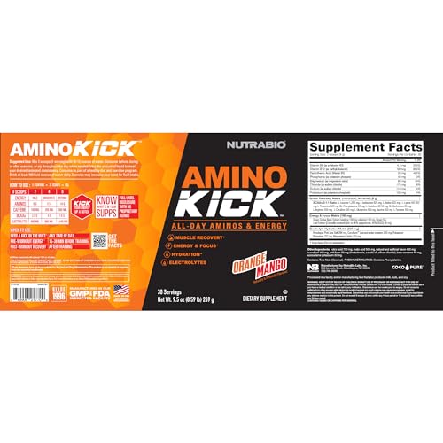 Image of NutraBio Amino Kick - BCAA Powder with Natural Caffeine - Amino Acids Supplement for Energy, Hydration & Recovery - BCAAs, Electrolytes & Amino Acids - Orange Mango, 30 Servings