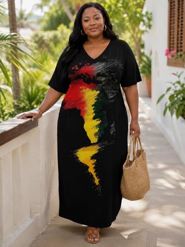 Image of Plus Size Maxi Dress for Women Short Sleeve V Neck Casual Loose Sundress with Pockets