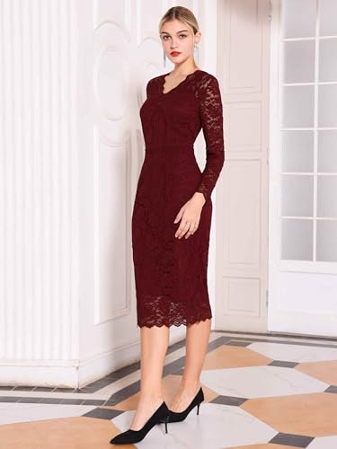 Image of Hobemty Women's Floral Lace Dress V Neck Long Sleeve Cocktail Wedding Bodycon Pencil Dresses