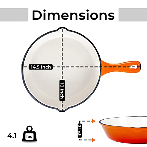 Healthy Choices 10" Enameled Cast Iron Skillet, Orange & White Cast Iron Enameled Skillet, White Cast Iron Pan, Enamel Frying Pan, Bbq Safe Pans, Stovetop & Induction Safe, Orange Enameled Skillet #TOP5