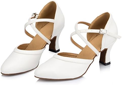 TDA Women's Closed Toe Mid Heel White Leather Classic Salsa Tango Ballroom Latin Modern Dance Wedding Shoes 4 M US | Image 1
