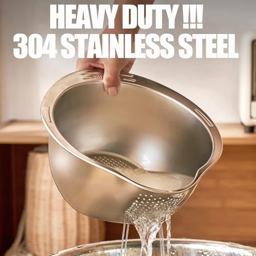 Image of Stainless Steel Rice Washer Strainer Bowl | Multi-Purpose 4-in-1 Rice Rinser & Colander with Side Drainers | Washing Bowl for Rice, Dal, Pulses, Quinoa, Grains, Fruits & Vegetables | 27 cm