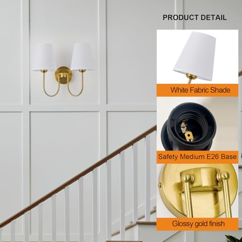 Image of White Fabric 2 Light Wall Sconce | Hardwired, Double Headed, Cloth Shade, For Bedroom, Bathroom & Hallway, Direct Wire