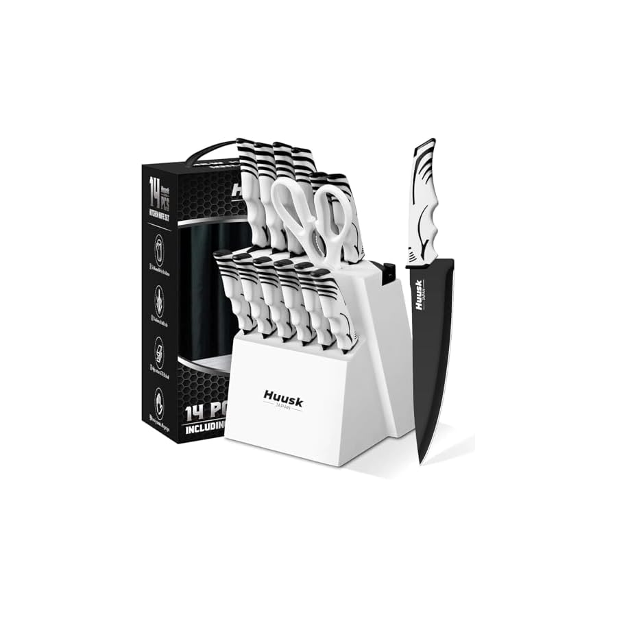 Huusk Knife Block Set with Sharpener - White Kitchen Knives Set with Wooden Knife Block - Ideal Housewarming Gifts for New Home - Chef Knife Set with Kitchen Shears - Christmas Gift for Men and Women