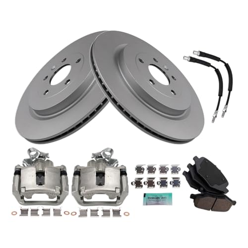 Image of TRQ Rear Brake Pad and Rotor Set Ceramic G Coated Rotors Calipers Compatible with 2013-2014 Ford Flex 2013-2018 Police Interceptor Sedan 2014-2018 Special Service Police Sedan Taurus