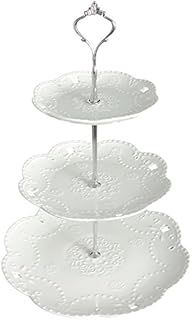 YBK Tech 3 Tier Porcelain Serving Platter Cake Plate Stand Dessert Display Cakes Platter Food Rack - White (Silver Rod) 