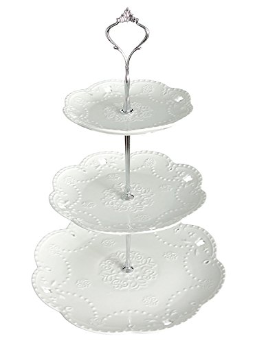 YBK Tech Plat de service à gâteaux avec assiettes en porcelaine sur 3 étages Blanc Silver Rod