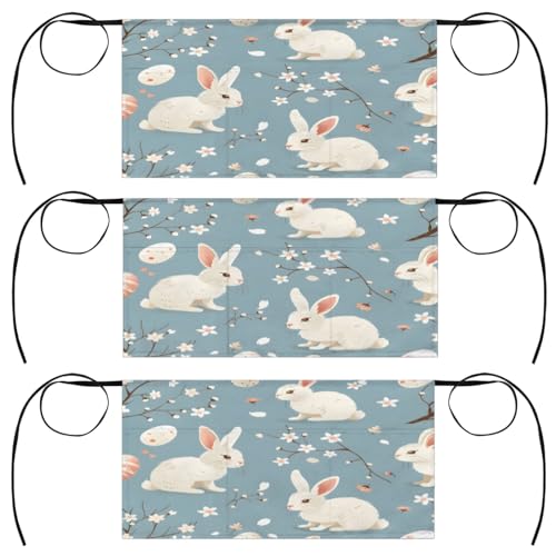 Watercolor Rabbit Flower Tree Branch Server Aprons with 3 Pockets Oil-proof Half Aprons Restaurant Bistro Cafe Bars Waitress Waiter Wasit Apron for Women Men 3 Pcs
