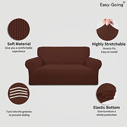 Image of Easy-Going Stretch Loveseat Slipcover 1-Piece Sofa Cover Furniture Protector Couch Soft with Elastic Bottom for Kids Polyester Spandex Jacquard Fabric Small Checks (Loveseat, Coffee)
