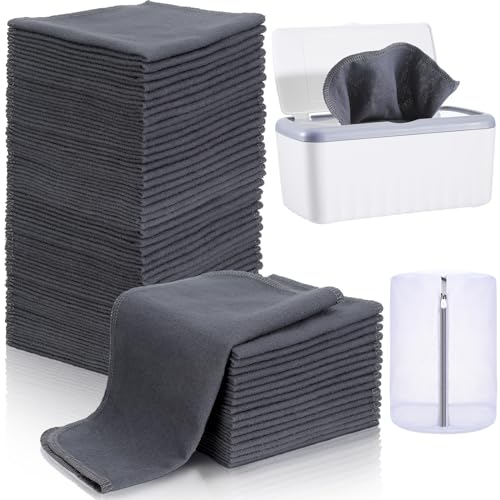 Image of Mixweer 84 Pack Flannel Cloth Baby Wipes with Dispenser Soft Natural Unbleached Baby Face Wipes Reusable Baby Wipes for Cloth Diapers, 8 x 8 Inch Each(Gray), 86 Piece Set