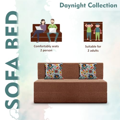 Image of Los Angeles Foldable Two Seater Sofa Cum Bed, Sofa Bed 4 X 6 Feet Jute Fabric Washable Cover- Including Cushion Perfect for Living Room - Brown