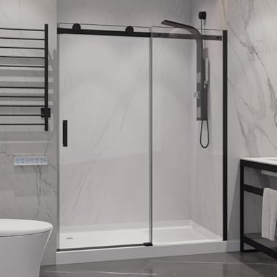 ANZZI 76 x 60 inch Frameless Shower Door in Matte Black | Water Repellent Glass Shower Door with Seal Strip Parts and Handle | Easy Glide Rollers Sliding Shower Door | AMZSD05702MB