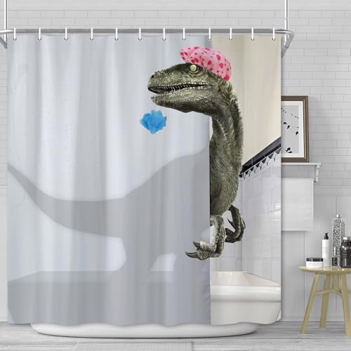 Funny Dinosaur Shower Curtain Set for Bathroom, White Fun Kids Fabric Animal Bathtub Curtains, Cool Cute Unique Raptor Accessories Decor, Polyester Waterproof Durable with 12 Hooks, 72x72