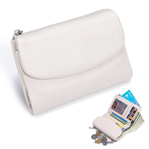 Unisex Pebble Leather Wallet, 5.3In Compact Genuine Leather Coin & Card Holder, Bifold Pocket Purse, with RFID, Waterproof, Large Capacity (beige)