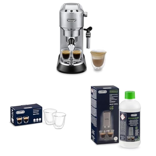 Los 10 mejores delonghi dedica ec685 para espresso en casa De'Longhi Dedica EC 685.M Portafiltro de espresso, plateado + vaso de espresso aislado, juego de 2 + descalcificador | Eliminador de cal universal para 4 procesos de descalcificación