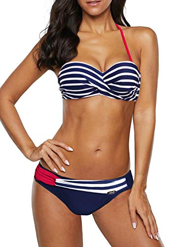 Dokotoo Bandeau Bikini Damen Push Up Zweiteilige Badeanzug Bademode Bikini Set, 01-Blau, M