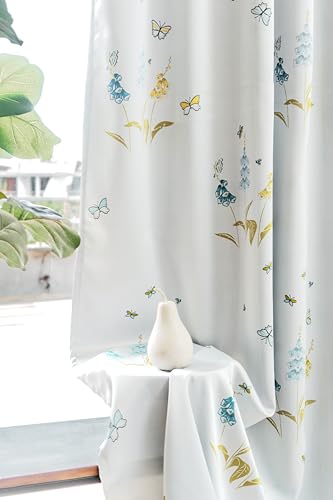 Image of Tranquebar Curtain Co. Semi Blackout Curtains 7 Feet Long, 80% Blackout, Blue Butterfly & Floral Print, Grey Fabric, Heavy Polyester, BackTab Loops, Titli (213 cm) - 1 Piece