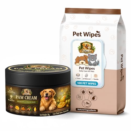 Image of Paw Cream 30g + Pet Wipes 100 Sheets Combo | Moisturizing Paw Balm with Peppermint Oil & Mango Butter | Cleaning Wipes for Dog | Daily Grooming Care for Paws, Coat, Dirt Removal & Hygiene