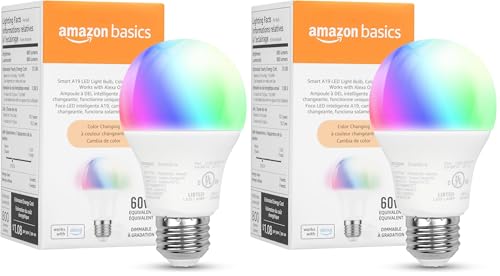 Image of Amazon Basics Smart A19 LED Light Bulb, Color Changing, 9W (60W Equivalent), 800LM, Compatible with Alexa Only, WiFi 2.4 GHz, No Hub Required, Mood Lighting, Energy Efficient, 2-Pack