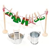 RTUOHUIN Wichtel Wäscheständer Set, 20 Stück Miniatur Wichtel Zubehör, Wichteltür Zubehör Weihnachten inkl. Holzbügel/Kleider, Eimer, Reibebretter, Kinderzimmer Dekoration für Weihnachten