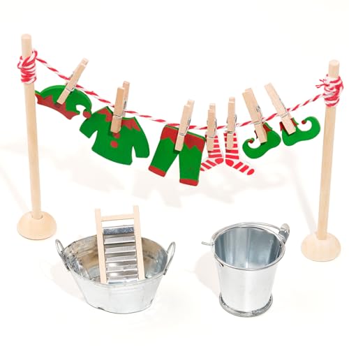 RTUOHUIN Wichtel Wäscheständer Set, 20 Stück Miniatur Wichtel Zubehör, Wichteltür Zubehör Weihnachten inkl. Holzbügel/Kleider, Eimer, Reibebretter, Kinderzimmer Dekoration für Weihnachten