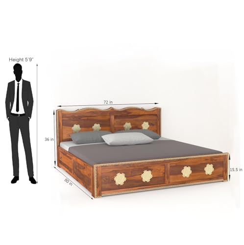 Image of Wooden King Size Bed with Storage | Double Bed Cot Bed with Box Storage and Traditional Brass Work for Bedroom & Hotel | Sheesham Wood | Honey Finish | Recommended Mattress Size: 78 X 72