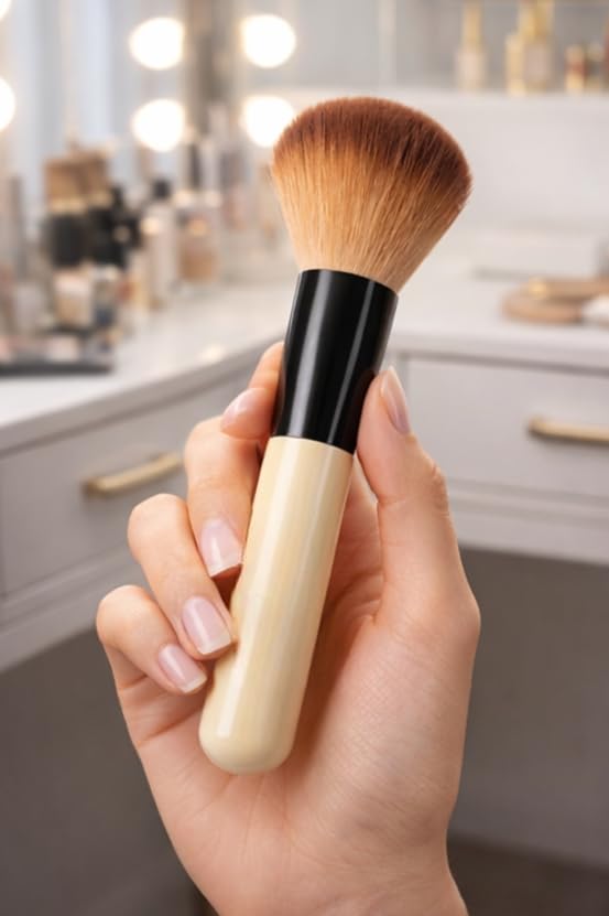 Image of Foundation Makeup Brush for Face | Soft Bristle Compact Powder & Blending Brush | Professional Cosmetic Brush for Women & Girls | Black | Brown