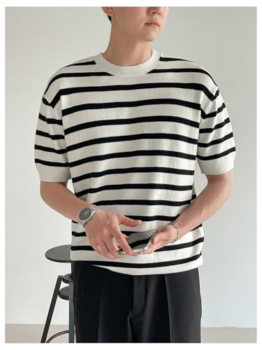Men's Striped Short Sleeve Sweaters Half Sleeve Crew Neck Casual Knit Tops4