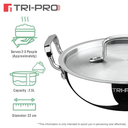 Image of Bergner Tripro Triply Cookware Set 5 Pcs - 22cm (2.3L) Kadai with Lid, 22cm Frypan, 16cm (1.8L) Tope with Lid, Consumes Less Oil, Healthy Cooking, Even Heat Distribution, Induction and Gas Stove Ready