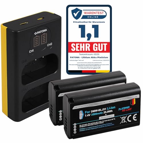 PATONA Platinum DMW-BLJ31 Lot de 2 Batteries 3500 mAh – Chargeur Double LCD 1882 (entrée Micro USB et USB-C) – Compatible avec Panasonic Lumix DC-S1 DC-S1R DC-S1H