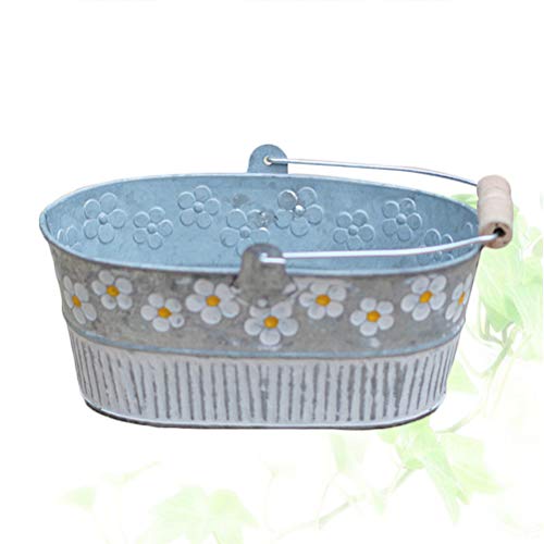 Yardwe Planter Flower Pot Steel Tub Vintage Daisy Embossed Garden Metal Tin Bucket Planter Pots With Handle Retro Home Decoration Wedding Window (Oval) #TOP7