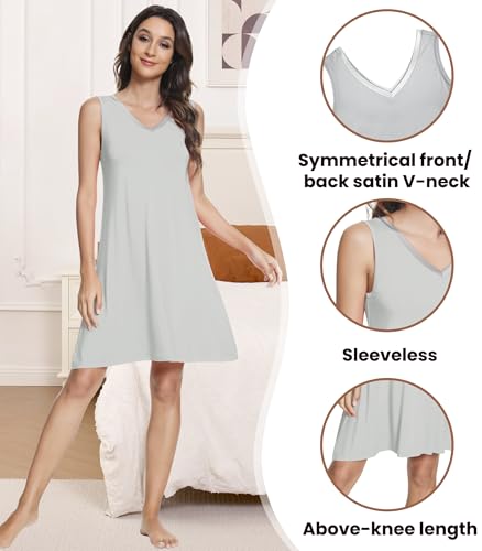 Image of NACHILA Nightgowns for Women-Viscose Made from Bamboo V Neck Nightshirts | Sleeveless Sleep Dress,Satin Sleepshirts,Anti-pilling nightshirt,Moisture-wicking Sleepwear for night sweats,Cooling,OEKOTAX