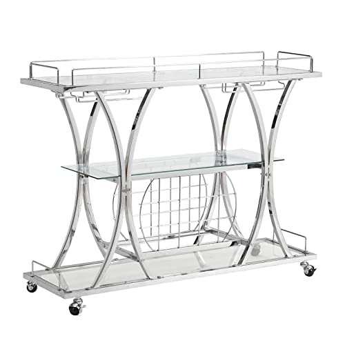 Kivenjaja Silver Bar Cart, Kitchen Serving Cart With Wine Racks & Glass Holder, Mobile 3-Tier Mirrored Shelves Chrome Metal Beverage Liquor Barcart Trolley On Wheel For Home #TOP1