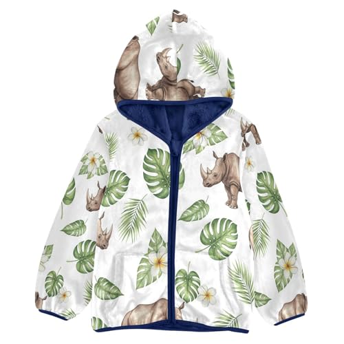 Rhino Leaves Flowers Pattern Toddler Fleece Jacket Girl Boys Hooded Fleece Jacket Coat Warm Outwear Zip-up 3-10T