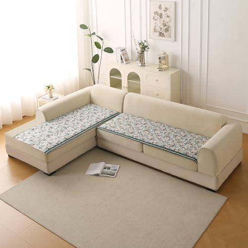 Image of HOKIPO 'Florentina Series' L Shape (3+3 Seater) Sofa Cover Seat Mat | Premium Multi-Needle Quilted Holland Velvet Sofa Mat + Foam Filling + Anti-Slip Backing, Magnolia Green (IN-882-V1*2)