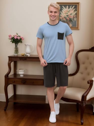 Qianxiu Men's 100% Cotton Pajama Set Mens Round neck Pjs Set For Men Classic Short Sleeve Sleepwear For Loose Casual pyjamas4