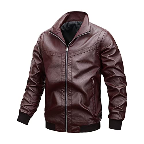 Maiyifu-GJ Men's Faux Leather Motorcycle Jacket Vintage Stand Collar Moto Jacket PU Lightweight Slim Fit Zip Up Biker Coat (Red Wine,5X-Large)