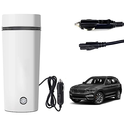 Image of Oshotto 12V Portable Electric Water Bottle for Hot Water Tea Coffee Kettle Mug Multipurpose Food Grade Fast Boil Auto Shut-off For Travel Camping, Road Trip Compatible with BMW X3 (350ml) - White
