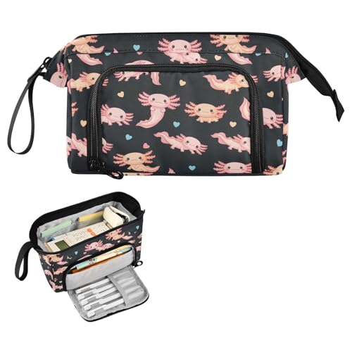 Image of Cute Axolotl Black Print Pencil Case Pouch Big Capacity Pencil Bag Box Organizer Pen Case with Compartmens Stationery Organizer for Girls Boys Women School College Office