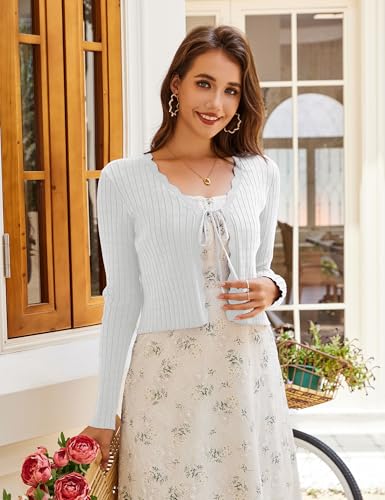CARDYDONY Women's Cropped Cardigan Tie Front Long Sleeve Rib Knit Bolero Shrug Sweaters S-XL3