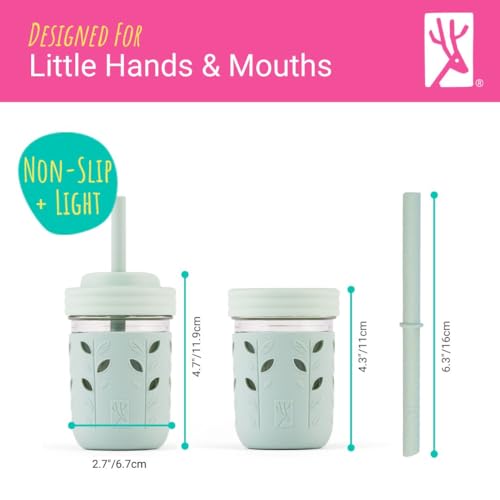 Image of Elk and Friends Kids + Toddler Glass Cups | The Original 8oz Glass Mason Jar with Sleeves + Lids | Silicone Straws + Stopper | Smoothie Cup | Food Storage | Spill Resistant | Dishwasher Safe | 4 Pack