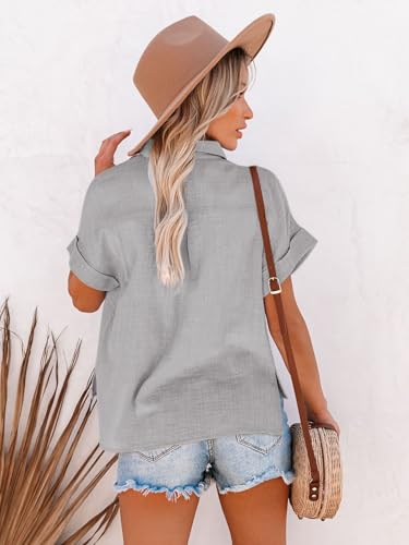 Paintcolors Women's Casual Short Sleeve Button Down Shirts Cotton Blouses V Neck Casual Tunics Solid Color Tops with Pockets2