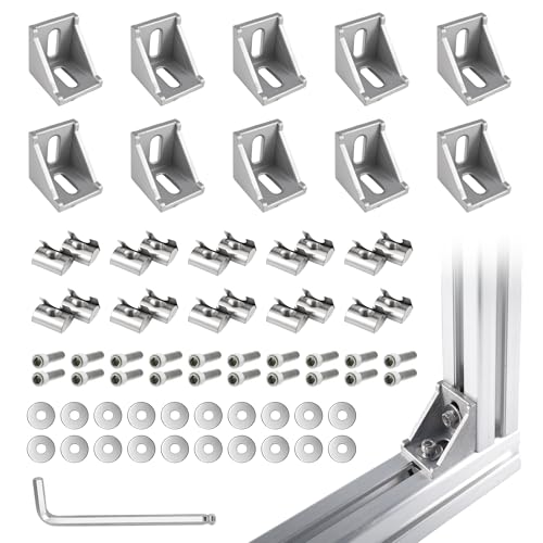 Image of 10 Sets Silver 4040 Aluminum Extrusion Connector Kit - 10pcs Corner Brackets, 20pcs M6 Spring T-Nuts & Hex Screws, 1 Hex Wrench - for 8mm T Slot Extruded Aluminum Accessories Hardware