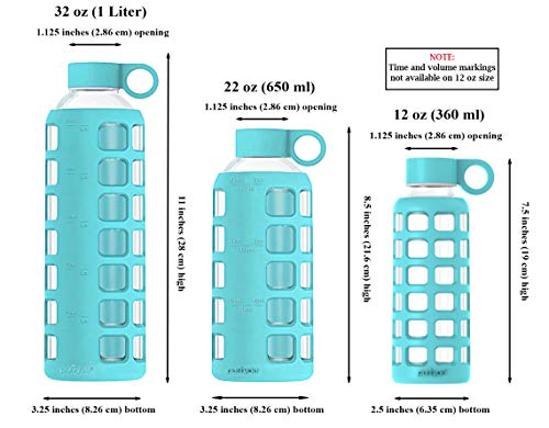 purifyou 40/32/22/12 oz Glass Water Bottles, Reusable with Time & Volume Markings, Non-Slip Silicone Sleeve, Stainless Steel Lid, for Water, Milk & Juice (32oz OceanMist)