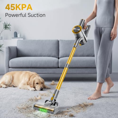 Image of Cordless Stick Vacuum Cleaner - Rechargeable,45Kpa Powerful Suction Vacuum for Home,45Mins Runtime,Detachable Battery,Anti-Tangle, 8 in 1 Lightweight Vacuum for Pet Hair Carpet Hardwood, Yellow